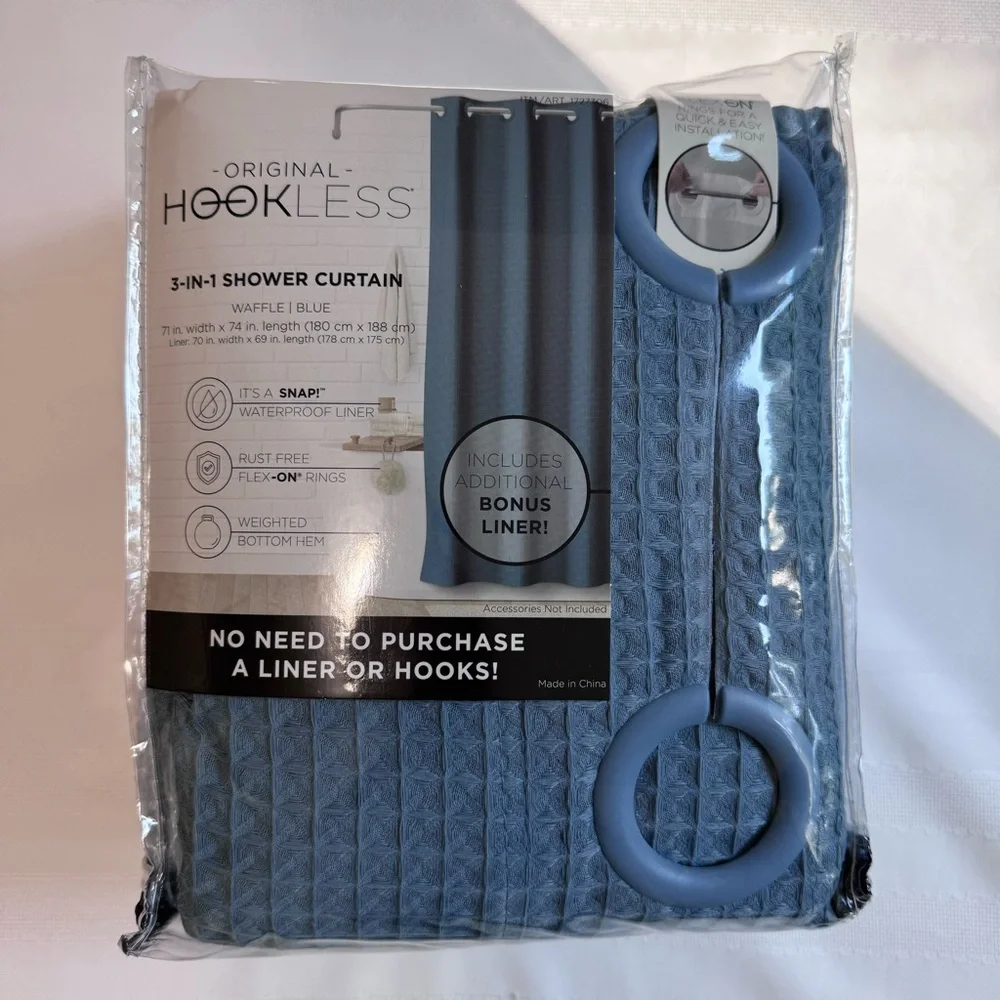 Original Hookless Blue Waffle 3-in-1 Shower Curtain Set Bonus Liner NWT